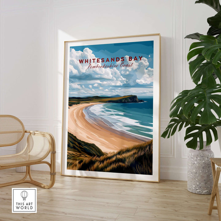 Whitesands Bay Pembrokeshire seaside print featuring sandy shores and calm blue waves, ideal Welsh coastal wall art.