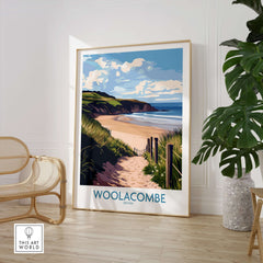 Woolacombe Devon Dunes to Ocean Poster - English Seaside Decor featuring a sandy beach path and coastal scenery.