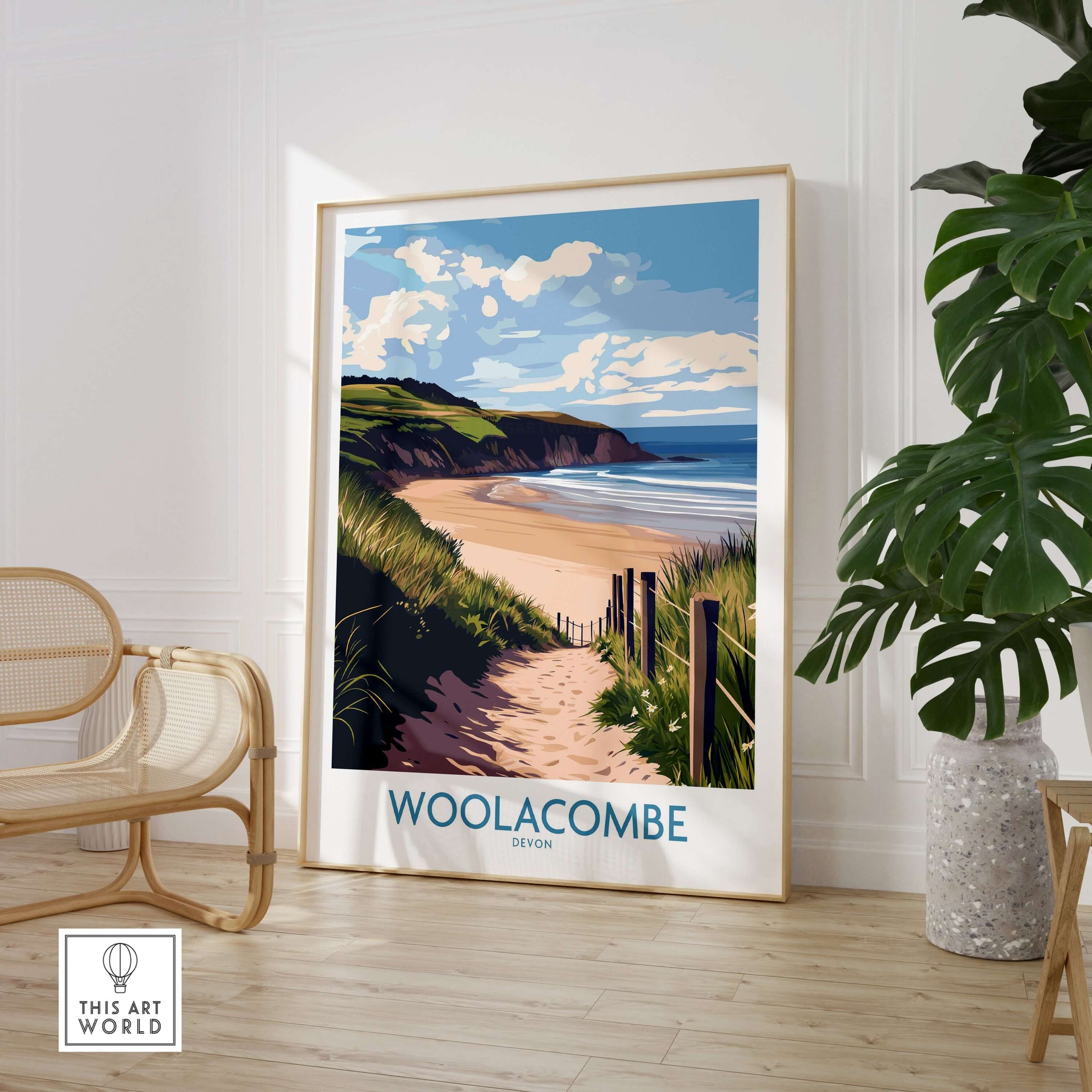 Woolacombe Devon Dunes to Ocean Poster - English Seaside Decor featuring a sandy beach path and coastal scenery.