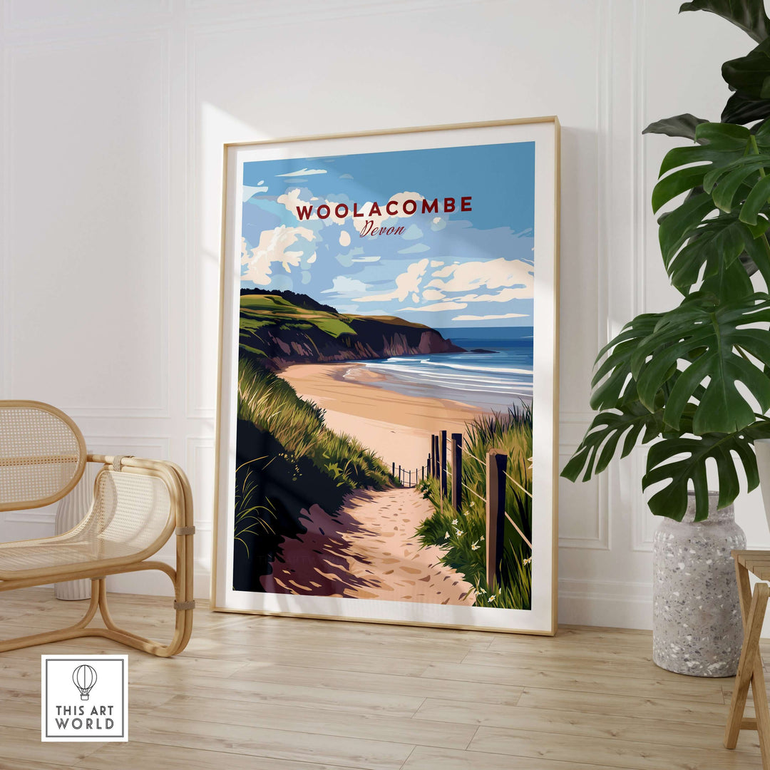 Woolacombe Beach path print showcased in a stylish living space with coastal decor.
