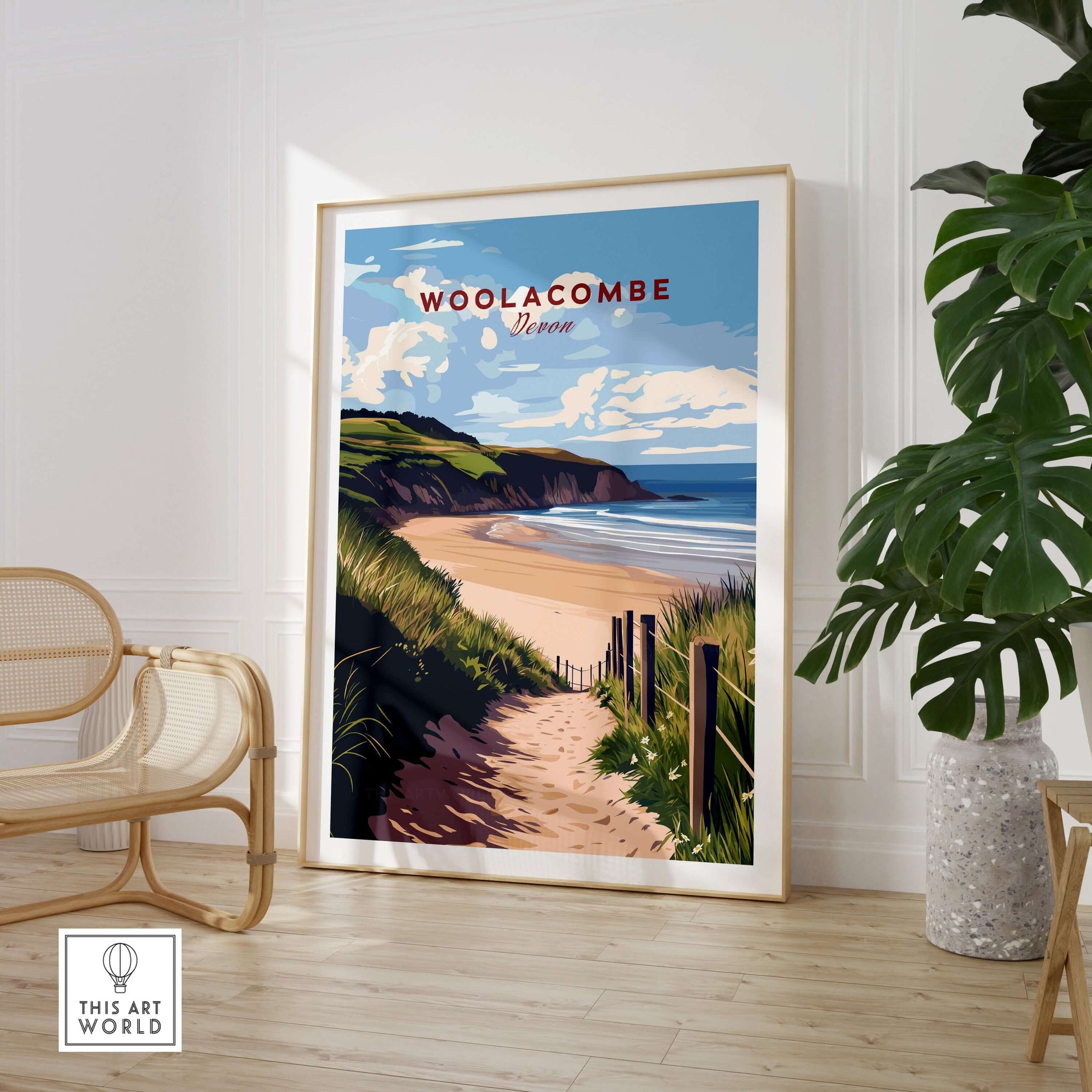 Woolacombe Beach Path Print - Coastal Devon Wall Art featuring a scenic beach path in a stylish home setting.