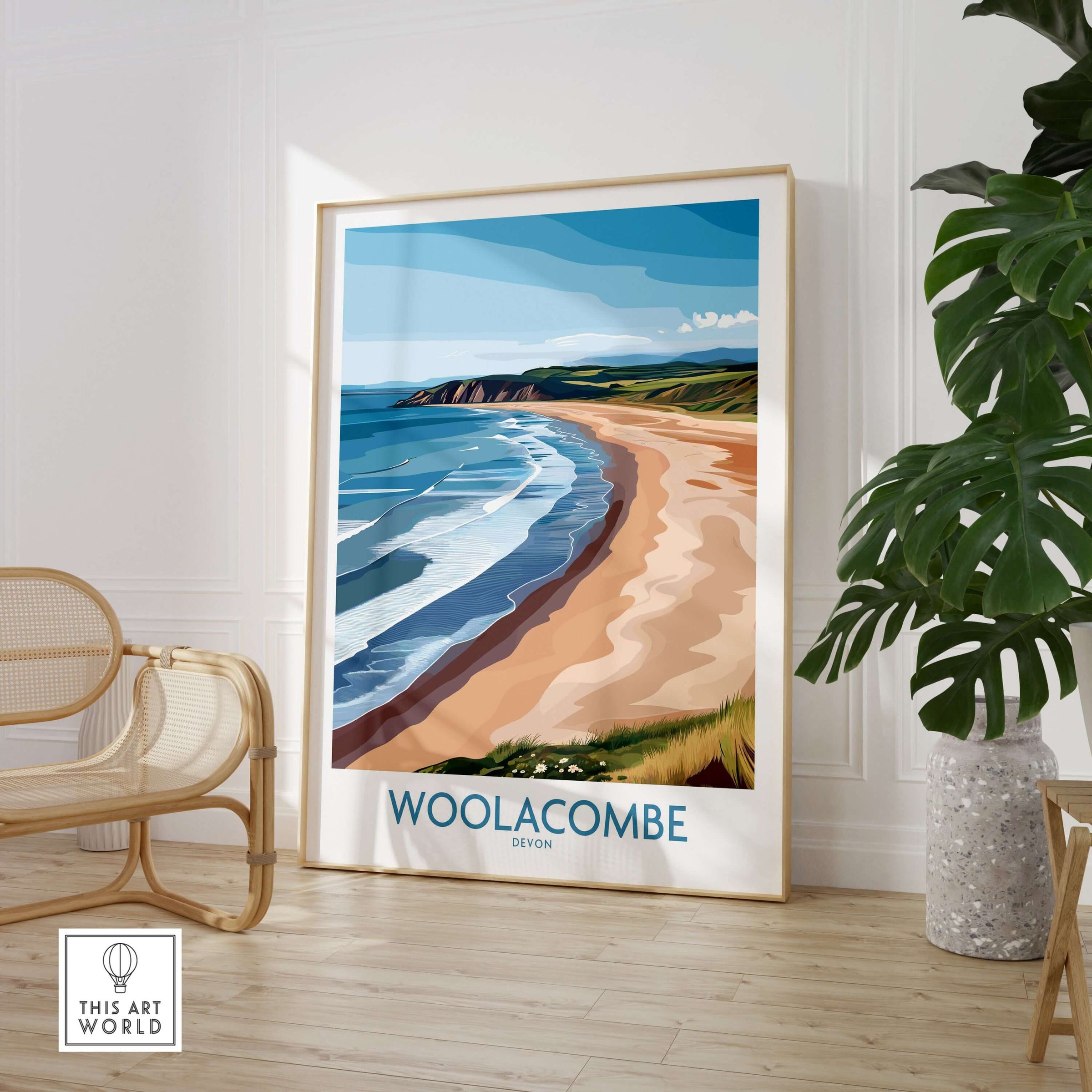 Woolacombe Devon Coastal Cliffs Wall Art - UK Travel Destination Decor showcased in a bright, modern living room setting.