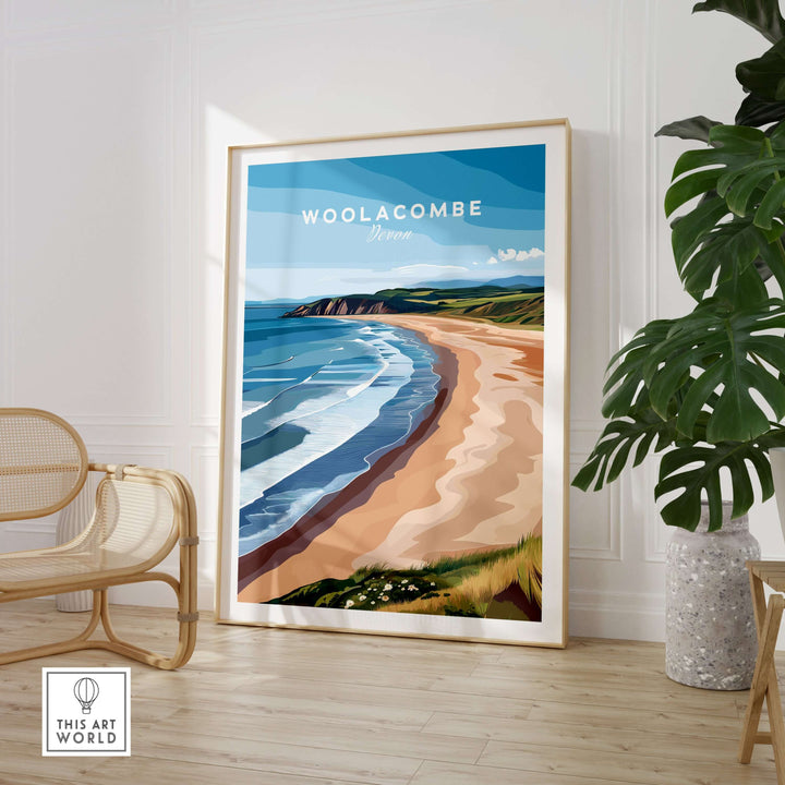 Woolacombe Devon Long Beach poster featuring rolling waves and sunny skies, perfect for coastal decor.