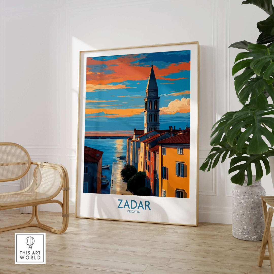 Zadar Croatia Sunset Bell Tower Art Print | Old Town Seascape Poster in a stylish interior setting.