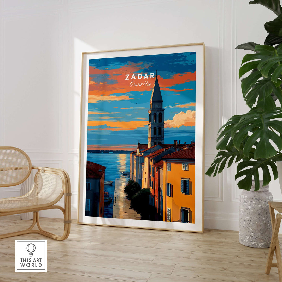 Zadar Poster - Dalmatian Coast Twilight View Print | Croatian Home Decor in a stylish interior setting.