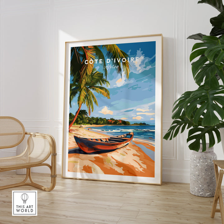 Côte d'Ivoire Beach Wall Art featuring serene coastal scenery with palm trees and a boat.
