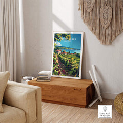 Finger Lakes Print - Wine Region displayed in a cozy living room setting on a wooden table.