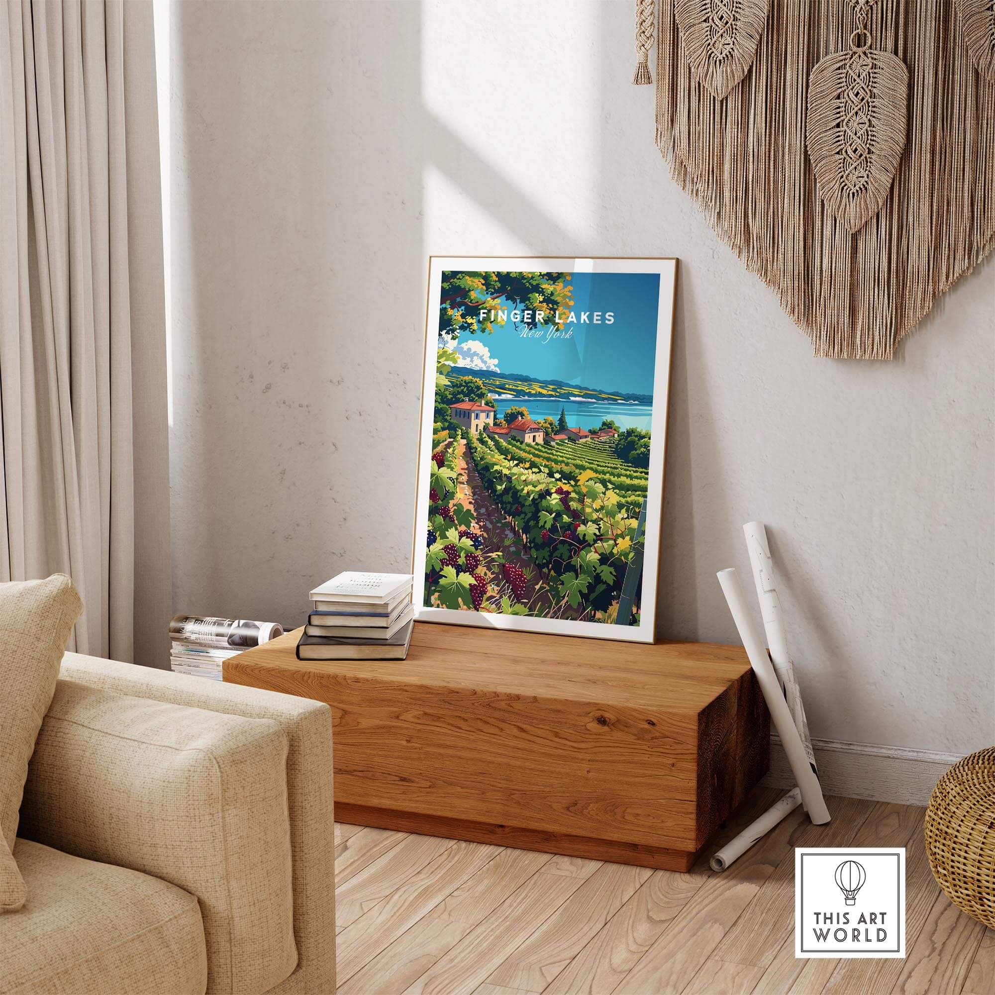 Finger Lakes Print - Wine Region displayed in a cozy living room setting on a wooden table.