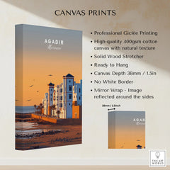 Agadir Travel Poster – Morocco Beach Print canvas print specifications: 400gsm cotton canvas, solid wood stretcher, 38mm depth, mirror wrap