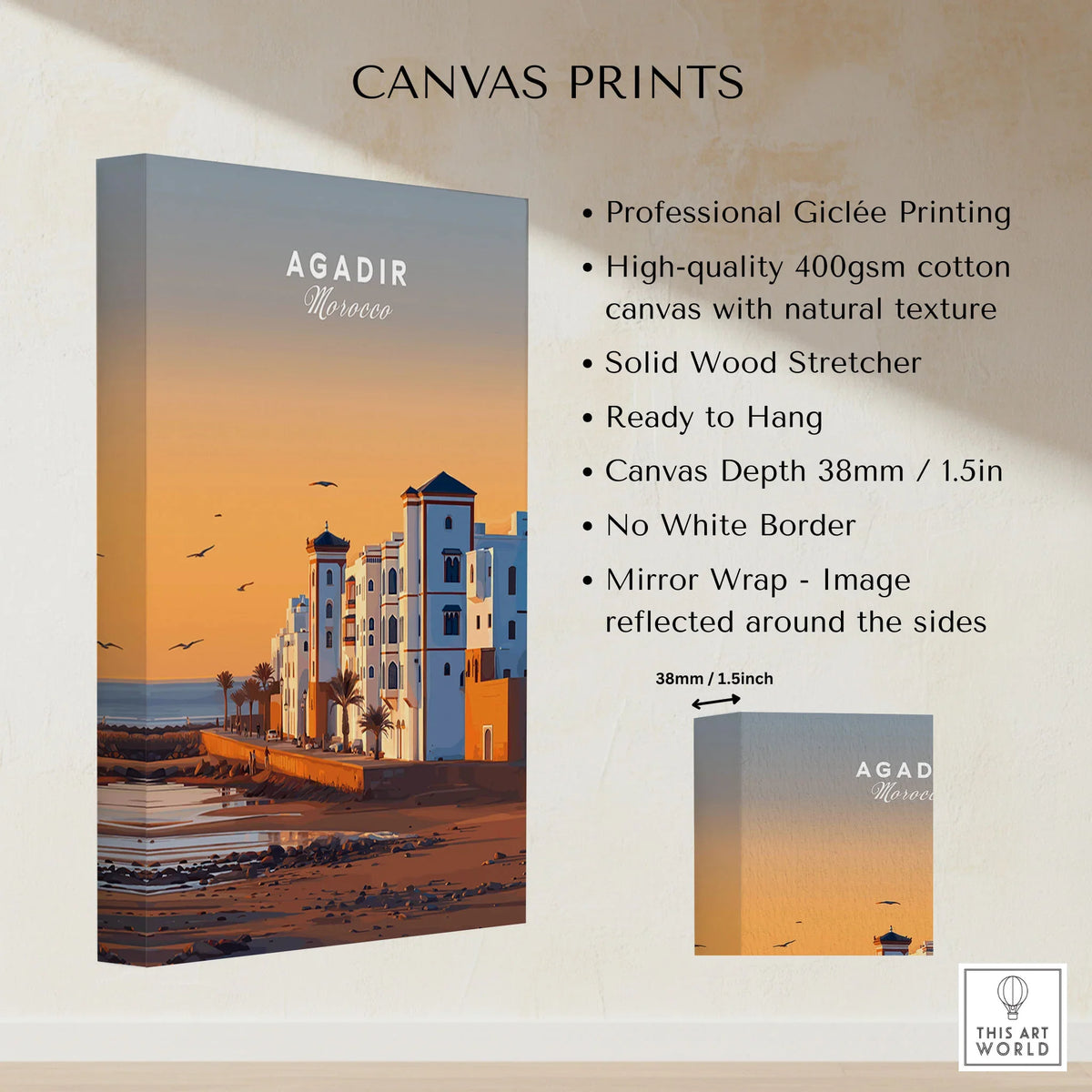 Agadir Travel Poster – Morocco Beach Print canvas print specifications: 400gsm cotton canvas, solid wood stretcher, 38mm depth, mirror wrap