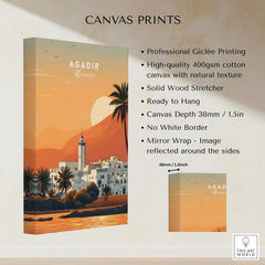 Agadir Travel Poster – Moroccan Mosque and Desert Sunset Art canvas print specifications: 400gsm cotton canvas, solid wood stretcher, 38mm depth, mirror wrap