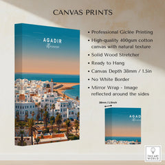 Agadir Travel Poster – City Skyline canvas print specifications: 400gsm cotton canvas, solid wood stretcher, 38mm depth, mirror wrap