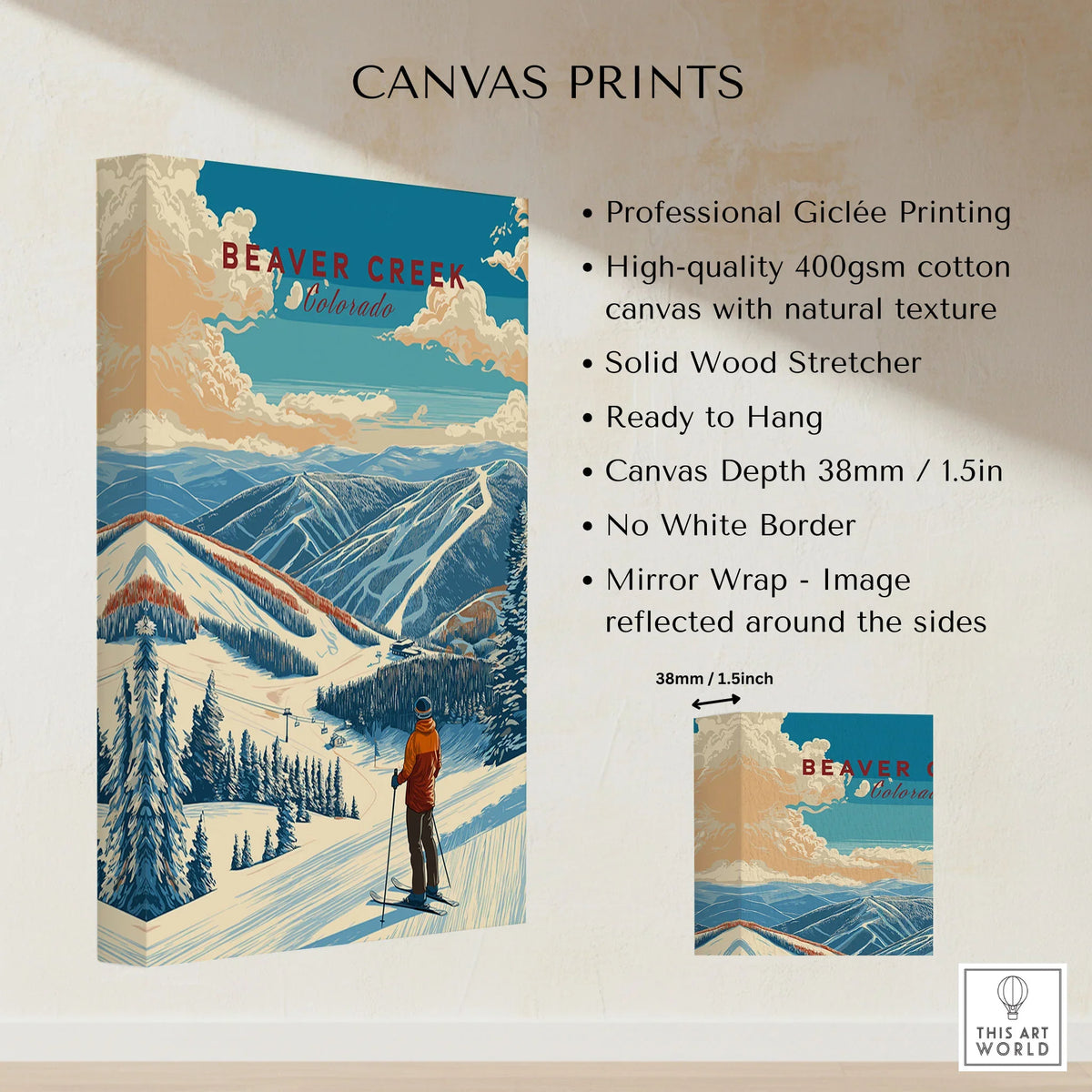 Beaver Creek Colorado Mountain View Ski Print - Scenic Slope Wall Art canvas print specifications: 400gsm cotton canvas, solid wood stretcher, 38mm depth, mirror wrap