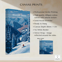 Beaver Creek Colorado Solo Skier Wall Art - Mountain Adventure Print canvas print specifications: 400gsm cotton canvas, solid wood stretcher, 38mm depth, mirror wrap