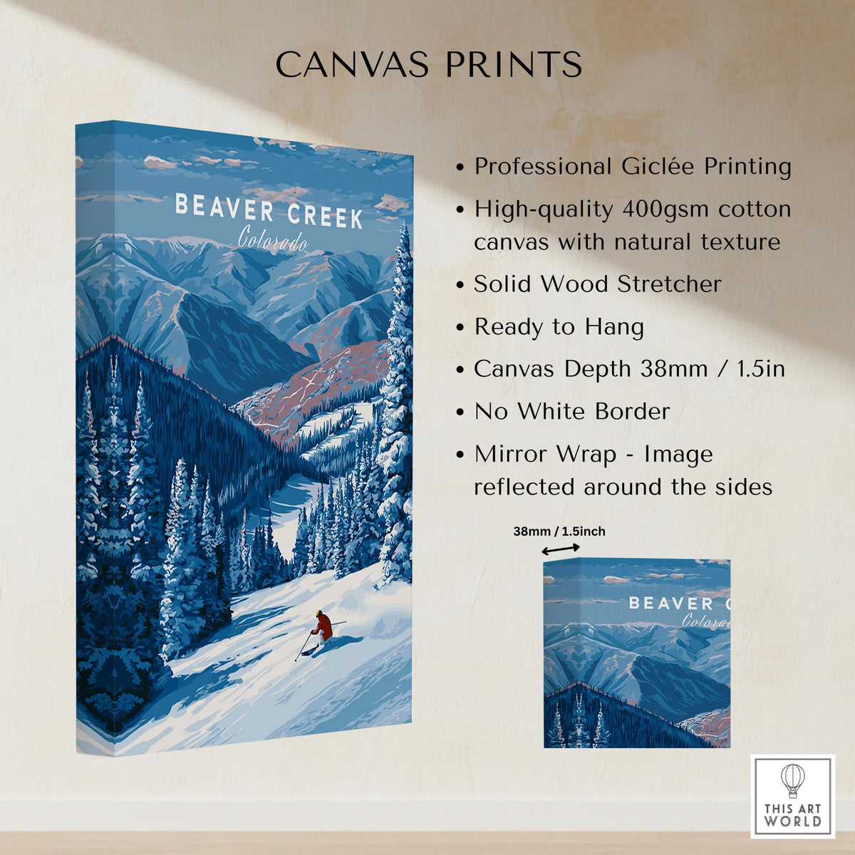 Beaver Creek Colorado Solo Skier Wall Art - Mountain Adventure Print canvas print specifications: 400gsm cotton canvas, solid wood stretcher, 38mm depth, mirror wrap