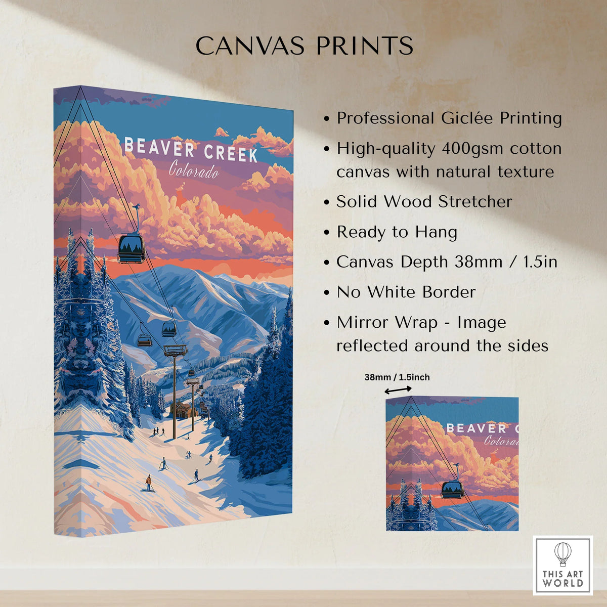 Beaver Creek Colorado Ski Lift Sunset Print - Mountain Gondola Wall Art canvas print specifications: 400gsm cotton canvas, solid wood stretcher, 38mm depth, mirror wrap