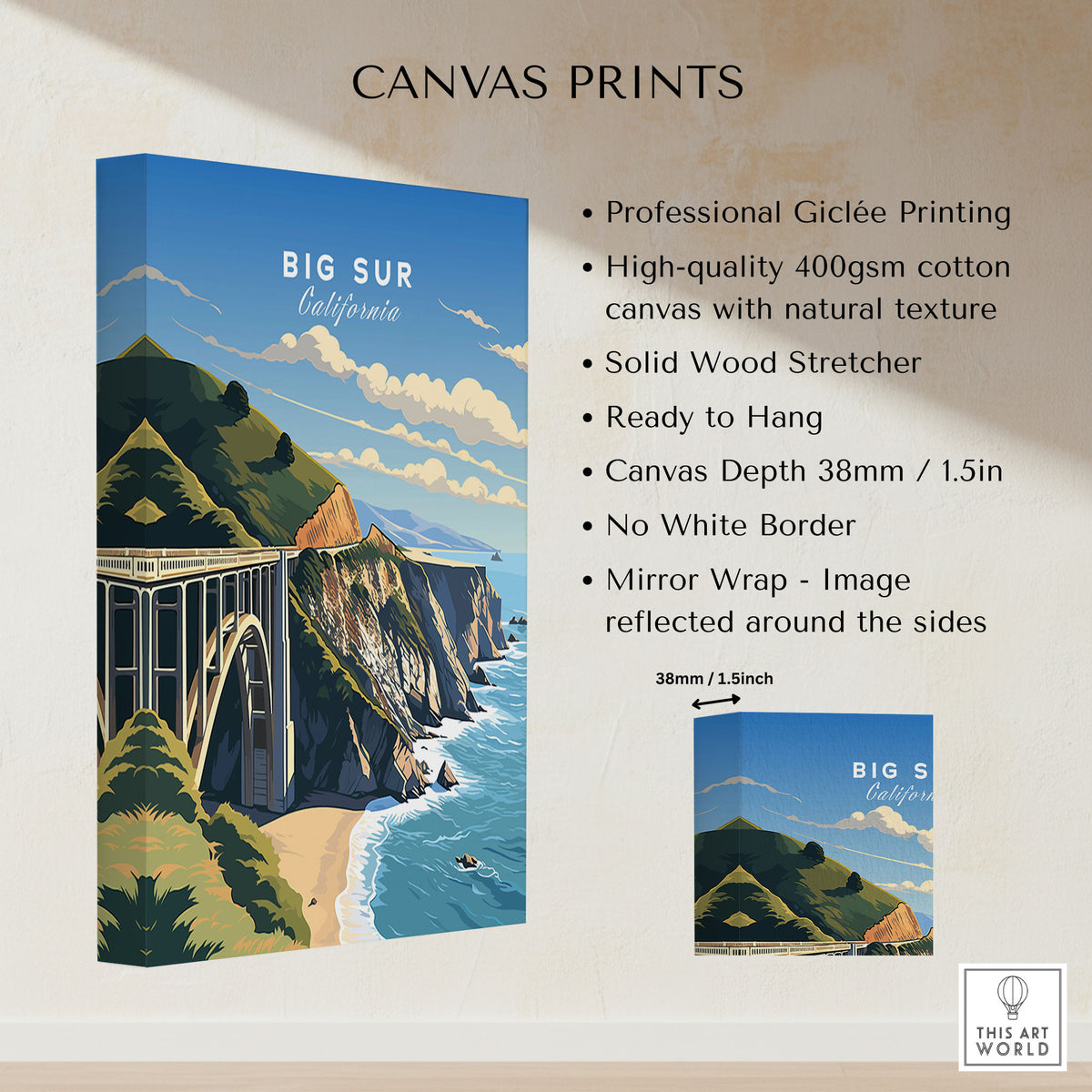 Big Sur Print canvas print specifications: 400gsm cotton canvas, solid wood stretcher, 38mm depth, mirror wrap