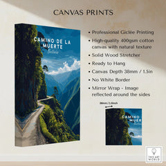Camino de la Muerte Poster Bolivia Wall Art canvas print specifications: 400gsm cotton canvas, solid wood stretcher, 38mm depth, mirror wrap