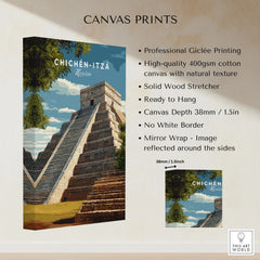 Chichén Itzá Mexico Travel Print El Castillo Pyramid Poster Mayan Ruins Wall Art canvas print specifications: 400gsm cotton canvas, solid wood stretcher, 38mm depth, mirror wrap