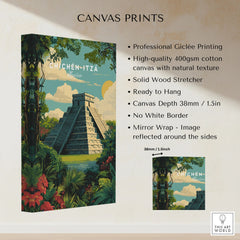 Chichén Itzá Mexico Travel Poster Pyramid Jungle Print Mayan Ruins Wall Art Decor canvas print specifications: 400gsm cotton canvas, solid wood stretcher, 38mm depth, mirror wrap