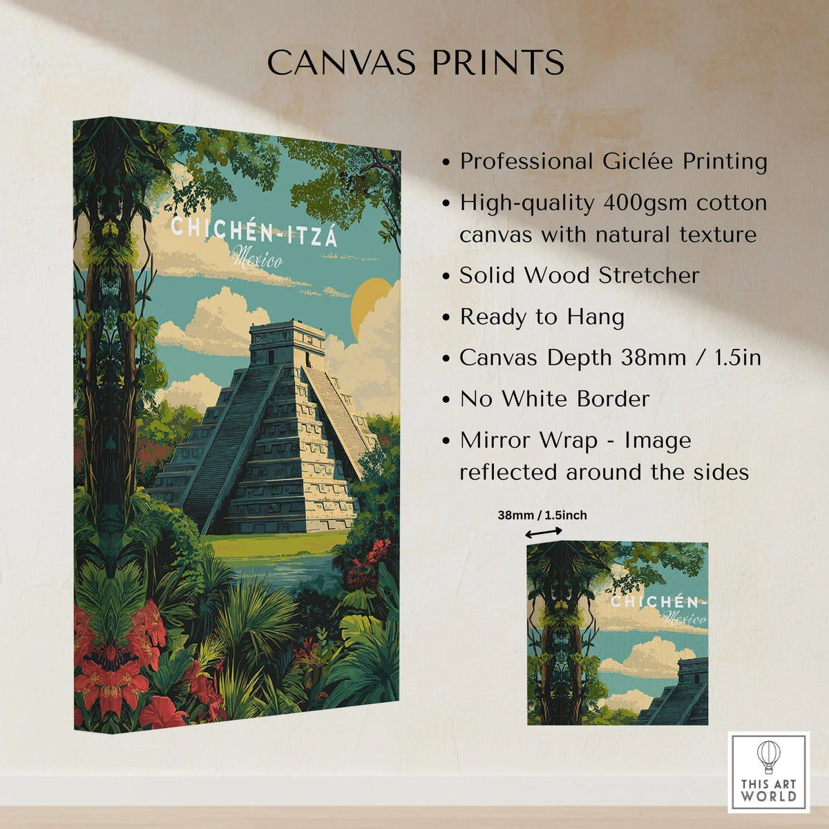 Chichén Itzá Mexico Travel Poster Pyramid Jungle Print Mayan Ruins Wall Art Decor canvas print specifications: 400gsm cotton canvas, solid wood stretcher, 38mm depth, mirror wrap