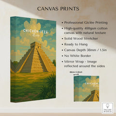 Chichén Itzá Mexico El Castillo Pyramid Travel Print Mayan Landscape Poster Wall Art canvas print specifications: 400gsm cotton canvas, solid wood stretcher, 38mm depth, mirror wrap