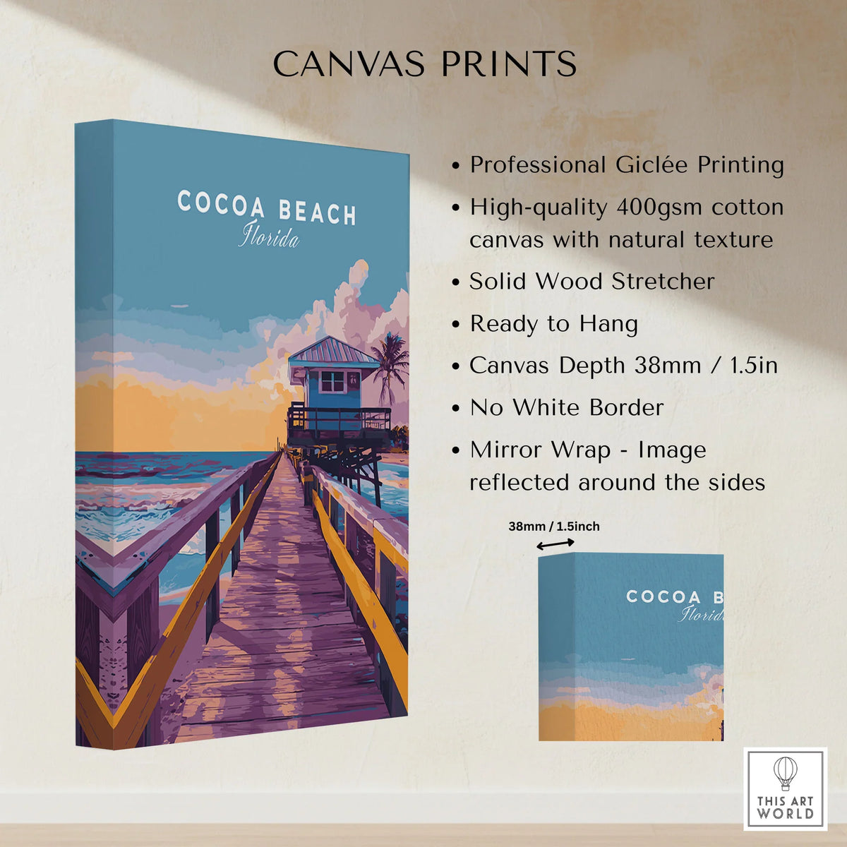Cocoa Beach Boardwalk Print - Florida Sunset Wall Art canvas print specifications: 400gsm cotton canvas, solid wood stretcher, 38mm depth, mirror wrap