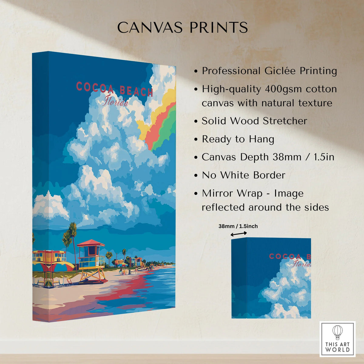 Cocoa Beach Lifeguard Stand Print - Florida Beach Wall Art canvas print specifications: 400gsm cotton canvas, solid wood stretcher, 38mm depth, mirror wrap