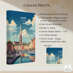 Cork City Ireland Print canvas print specifications: 400gsm cotton canvas, solid wood stretcher, 38mm depth, mirror wrap