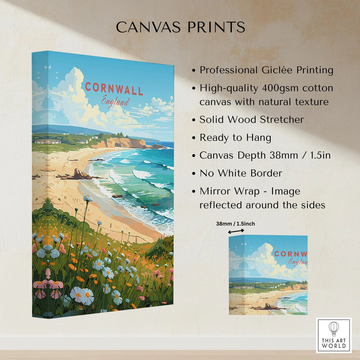 Cornwall Art Print canvas print specifications: 400gsm cotton canvas, solid wood stretcher, 38mm depth, mirror wrap