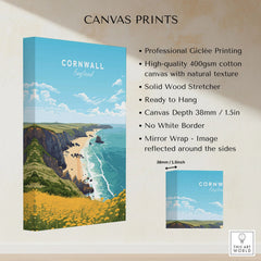 Cornwall Poster canvas print specifications: 400gsm cotton canvas, solid wood stretcher, 38mm depth, mirror wrap