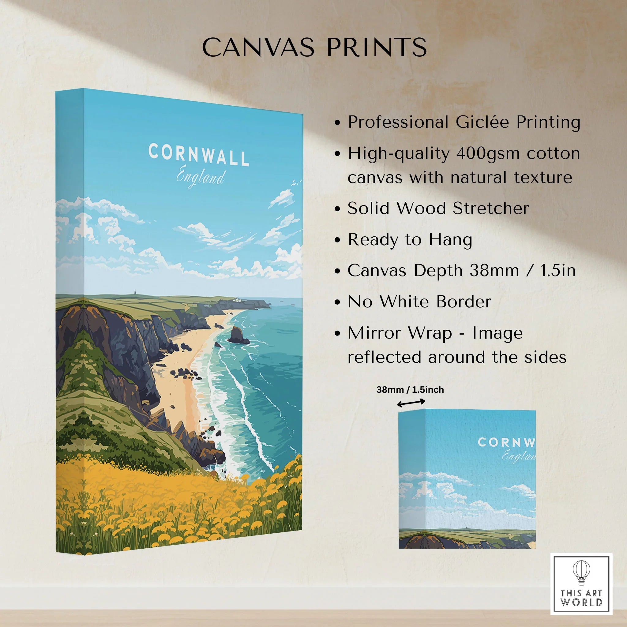 Cornwall Poster canvas print specifications: 400gsm cotton canvas, solid wood stretcher, 38mm depth, mirror wrap