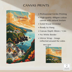 Cornwall Travel Print canvas print specifications: 400gsm cotton canvas, solid wood stretcher, 38mm depth, mirror wrap