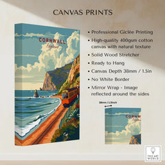 Cornwall Coast Travel Print canvas print specifications: 400gsm cotton canvas, solid wood stretcher, 38mm depth, mirror wrap