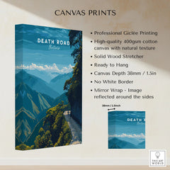 Death Road Yungas Adventure Scenic Print | Bolivian Travel Wall Decor canvas print specifications: 400gsm cotton canvas, solid wood stretcher, 38mm depth, mirror wrap