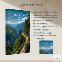 Death Road Andes Print | Yungas Road Poster canvas print specifications: 400gsm cotton canvas, solid wood stretcher, 38mm depth, mirror wrap