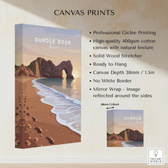 Durdle Door Travel Poster – Jurassic Coast Sunset Art canvas print specifications: 400gsm cotton canvas, solid wood stretcher, 38mm depth, mirror wrap