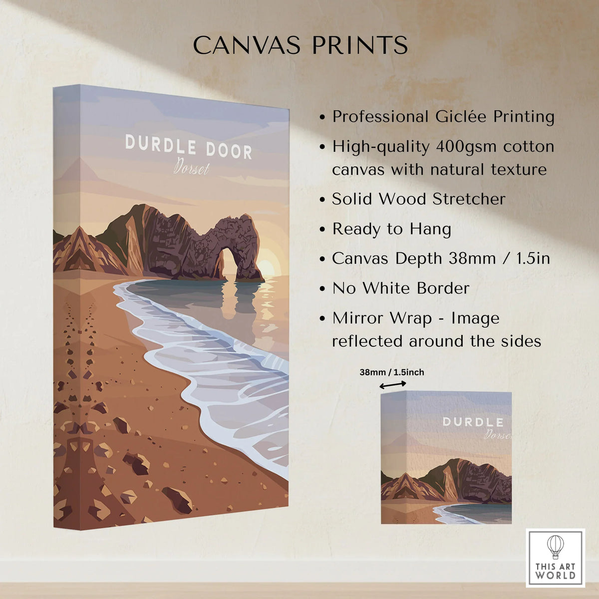 Durdle Door Travel Poster – Jurassic Coast Sunset Art canvas print specifications: 400gsm cotton canvas, solid wood stretcher, 38mm depth, mirror wrap