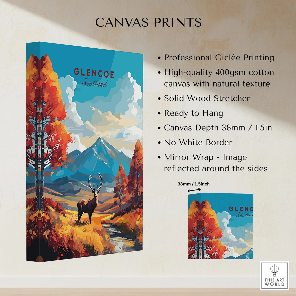 Glencoe Art Print canvas print specifications: 400gsm cotton canvas, solid wood stretcher, 38mm depth, mirror wrap