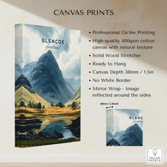 Glencoe Travel Print canvas print specifications: 400gsm cotton canvas, solid wood stretcher, 38mm depth, mirror wrap
