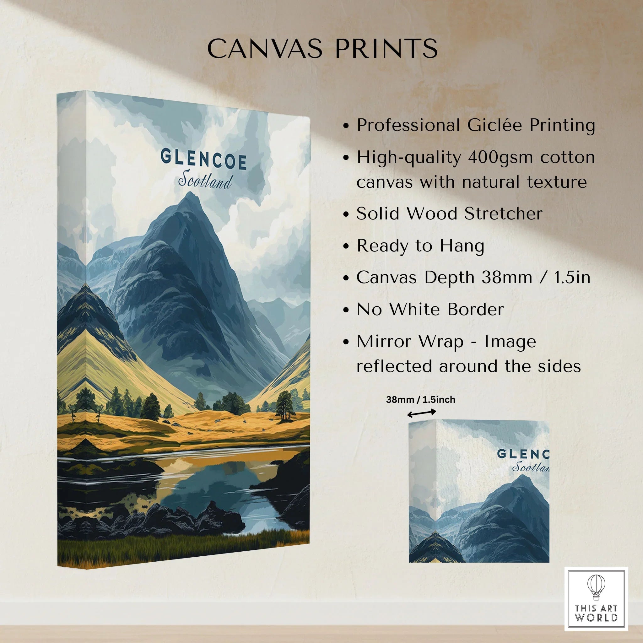 Glencoe Travel Print canvas print specifications: 400gsm cotton canvas, solid wood stretcher, 38mm depth, mirror wrap