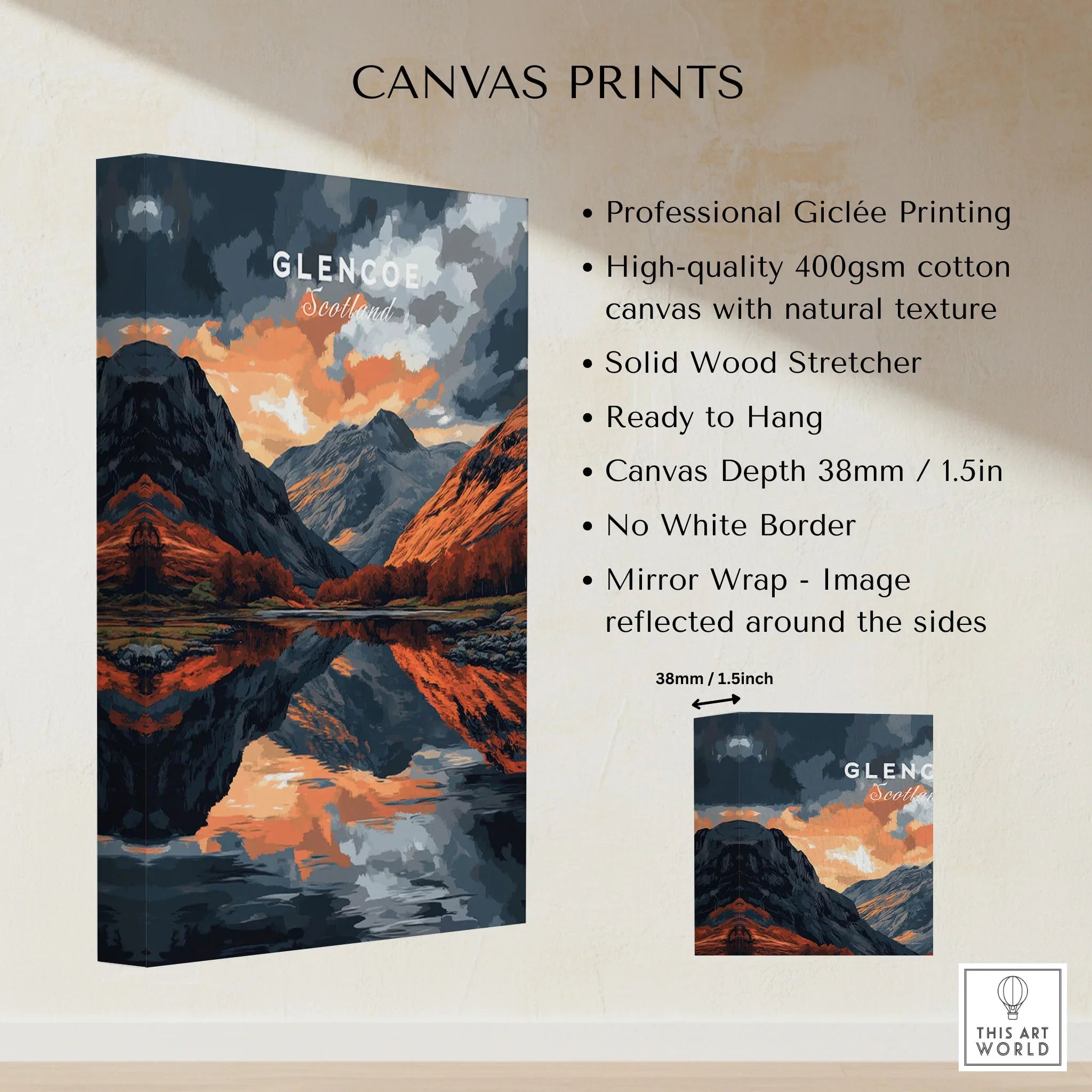 Glencoe Wall Art canvas print specifications: 400gsm cotton canvas, solid wood stretcher, 38mm depth, mirror wrap
