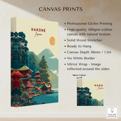 Hakone Japan Lake Ashi Temple Print - Japanese Pagoda Wall Art canvas print specifications: 400gsm cotton canvas, solid wood stretcher, 38mm depth, mirror wrap