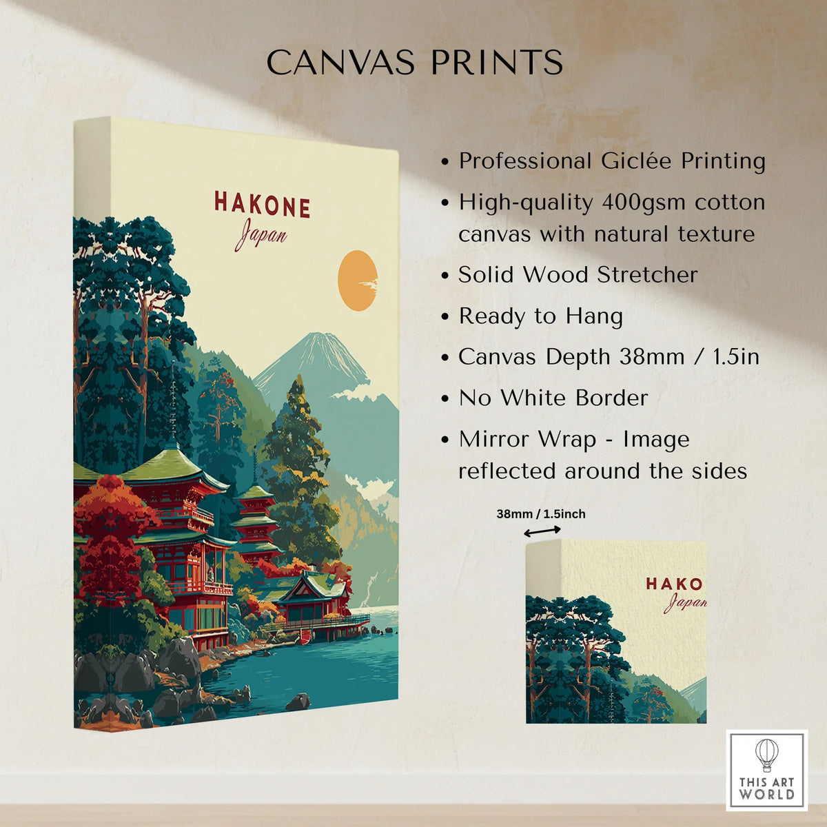 Hakone Japan Lake Ashi Temple Print - Japanese Pagoda Wall Art canvas print specifications: 400gsm cotton canvas, solid wood stretcher, 38mm depth, mirror wrap
