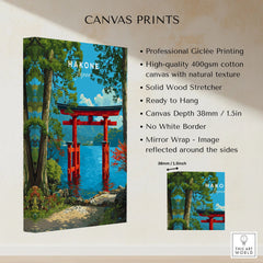 Hakone Japan Lake Ashi Torii Gate Poster - Floating Gate Wall Art canvas print specifications: 400gsm cotton canvas, solid wood stretcher, 38mm depth, mirror wrap