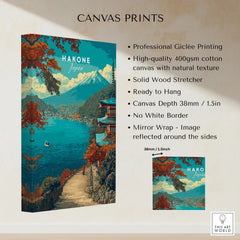 Hakone Print Japan Lake View Pagoda - Mount Fuji Scenic Poster canvas print specifications: 400gsm cotton canvas, solid wood stretcher, 38mm depth, mirror wrap