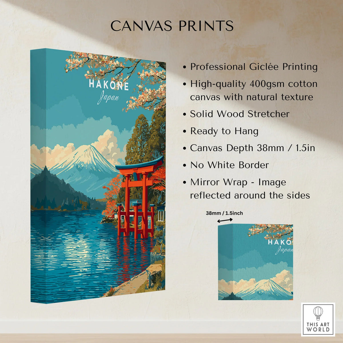 HakonePrint Japan Peace Shrine Torii Artwork - Mount Fuji Lake Ashi Poster canvas print specifications: 400gsm cotton canvas, solid wood stretcher, 38mm depth, mirror wrap