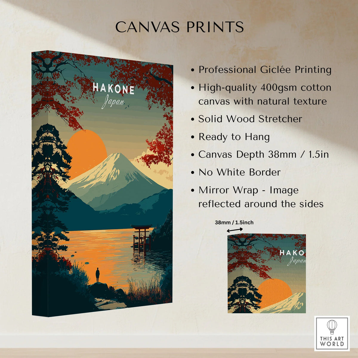 Hakone Japan Torii Gate Sunset Poster - Mount Fuji Lake Scene Print canvas print specifications: 400gsm cotton canvas, solid wood stretcher, 38mm depth, mirror wrap