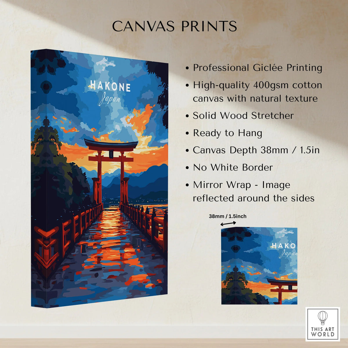 Hakone Wall Art Japan Torii Gate Sunset Reflections Poster - Vibrant Lake Ashi Print canvas print specifications: 400gsm cotton canvas, solid wood stretcher, 38mm depth, mirror wrap