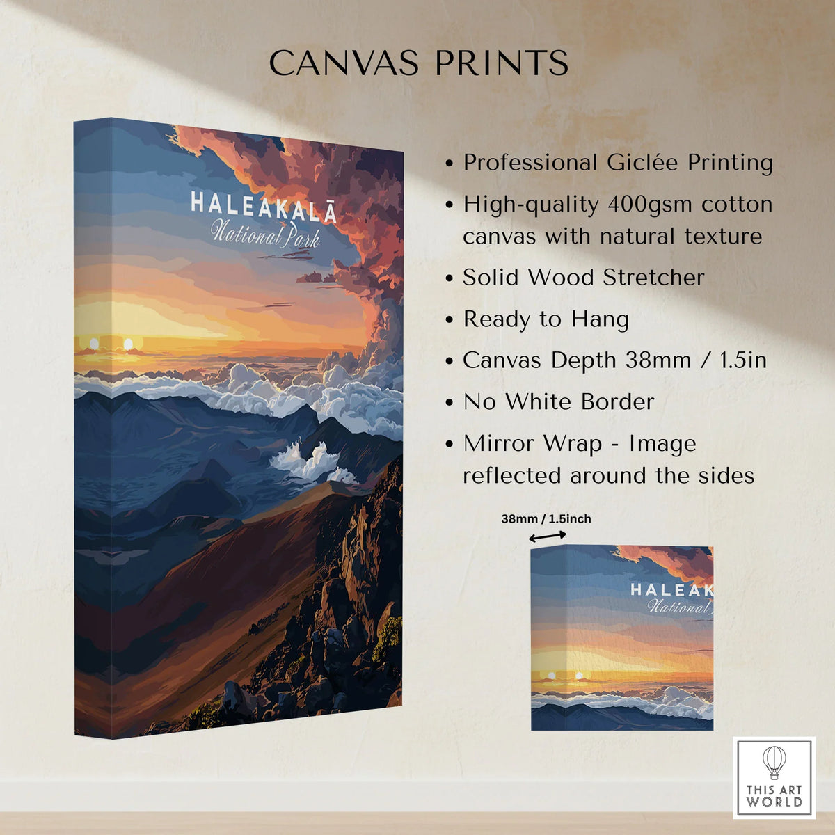 Haleakalā Sunset Poster, Maui Hawaii Wall Art, National Park Travel Print canvas print specifications: 400gsm cotton canvas, solid wood stretcher, 38mm depth, mirror wrap